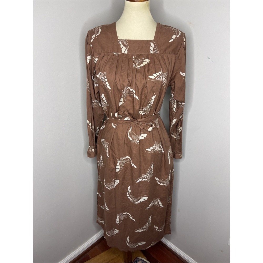 Vintage 1970 Cacharel Brown Butterfly Print Longsleeve Midi Dress 38 / 6